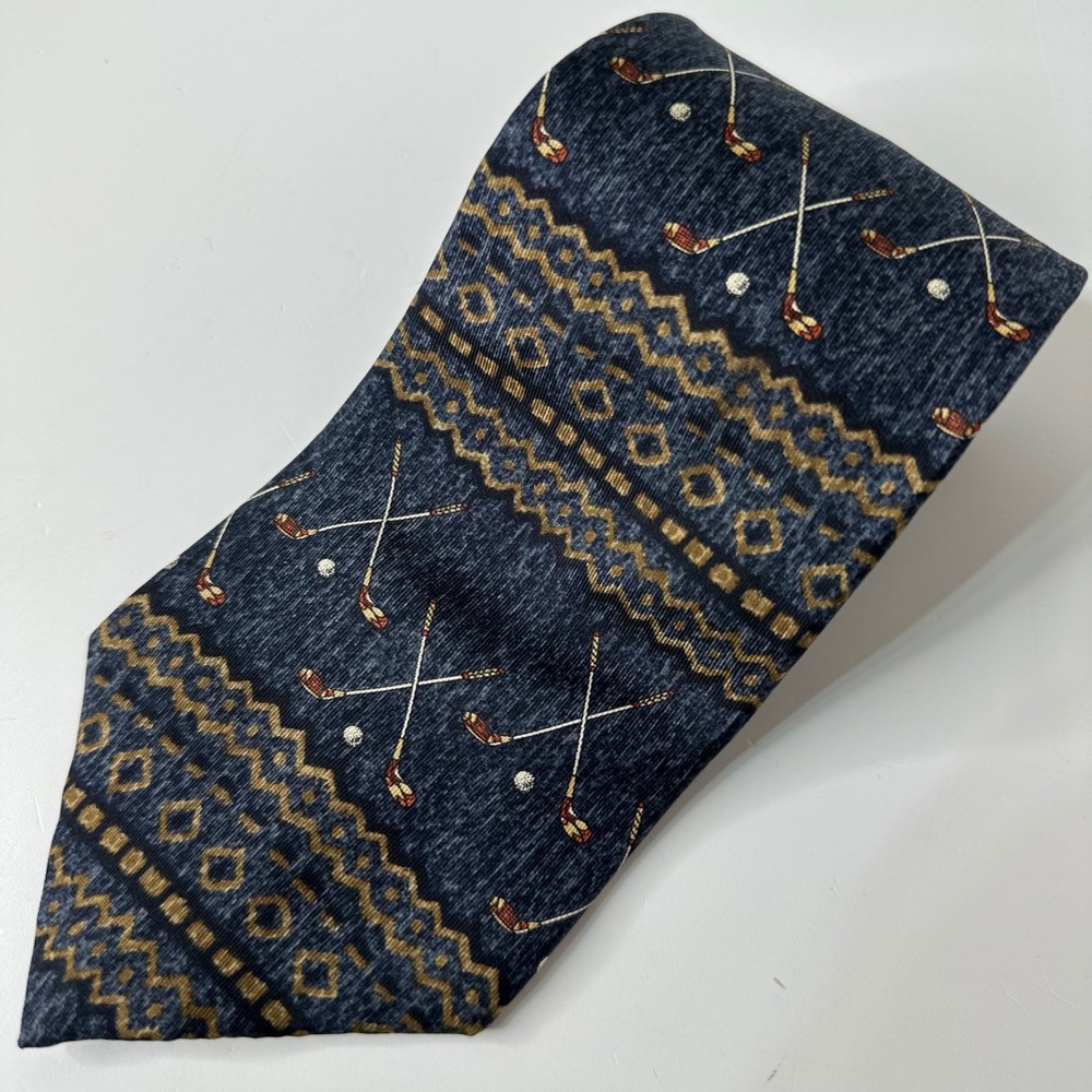 Vintage Chaps Ralph Lauren Silk Novelty Neck Tie Blue Golf Clubs Preppy USA